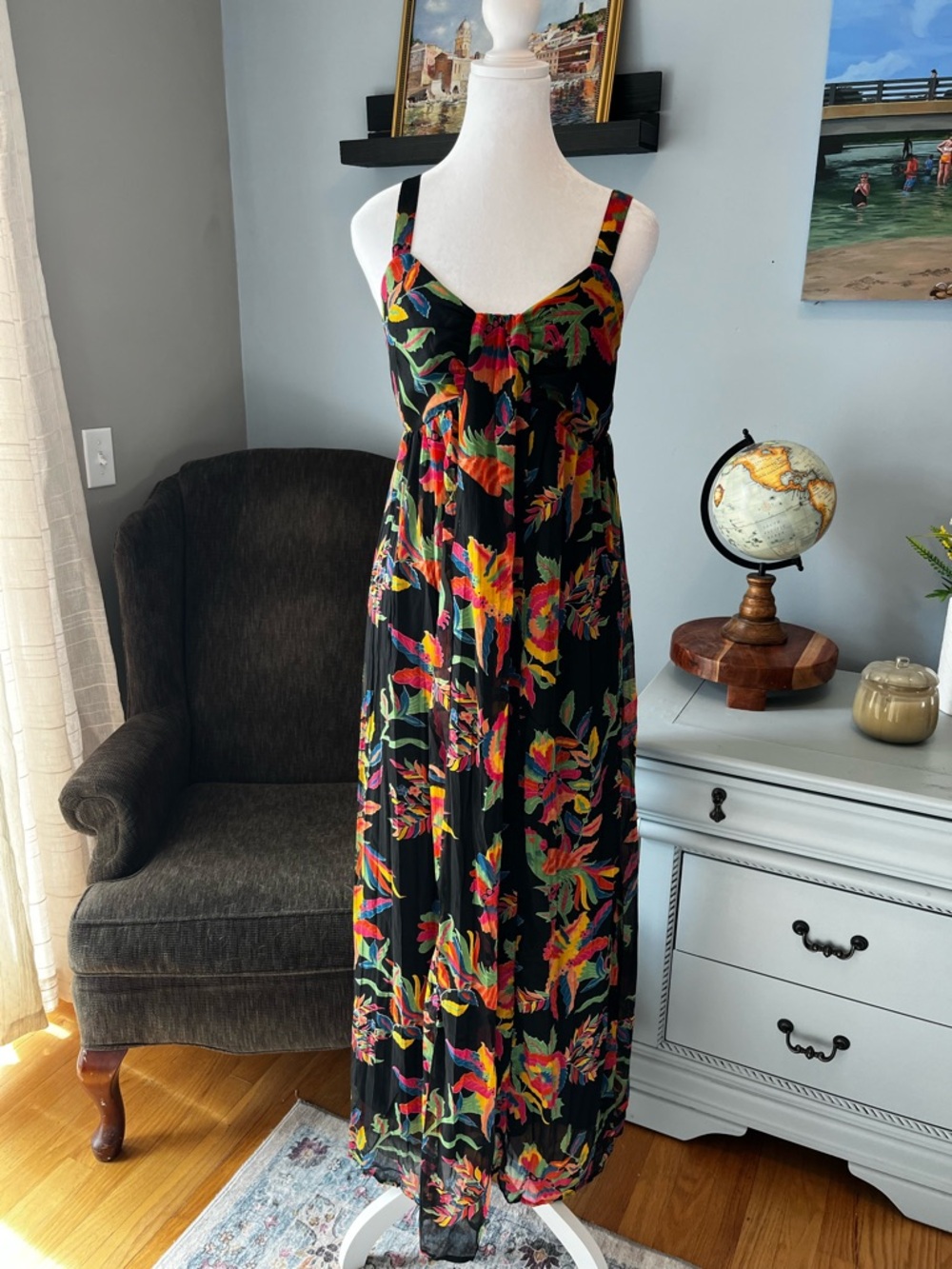 Black Floral Tropical Maxi Dress with Bright Multicolor Print Size Small